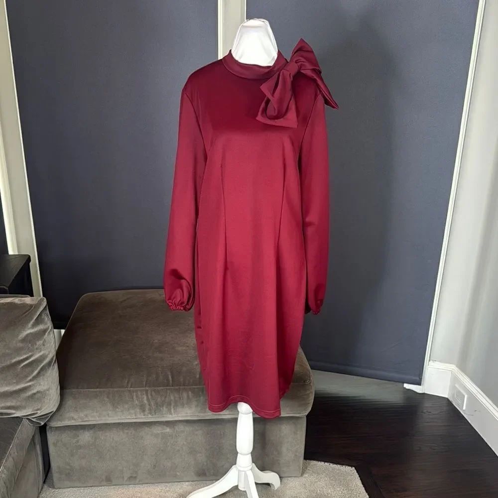 Women’s Burgundy Midi Dress Mock Neck Long Sleeves Bow Detail Size XXL